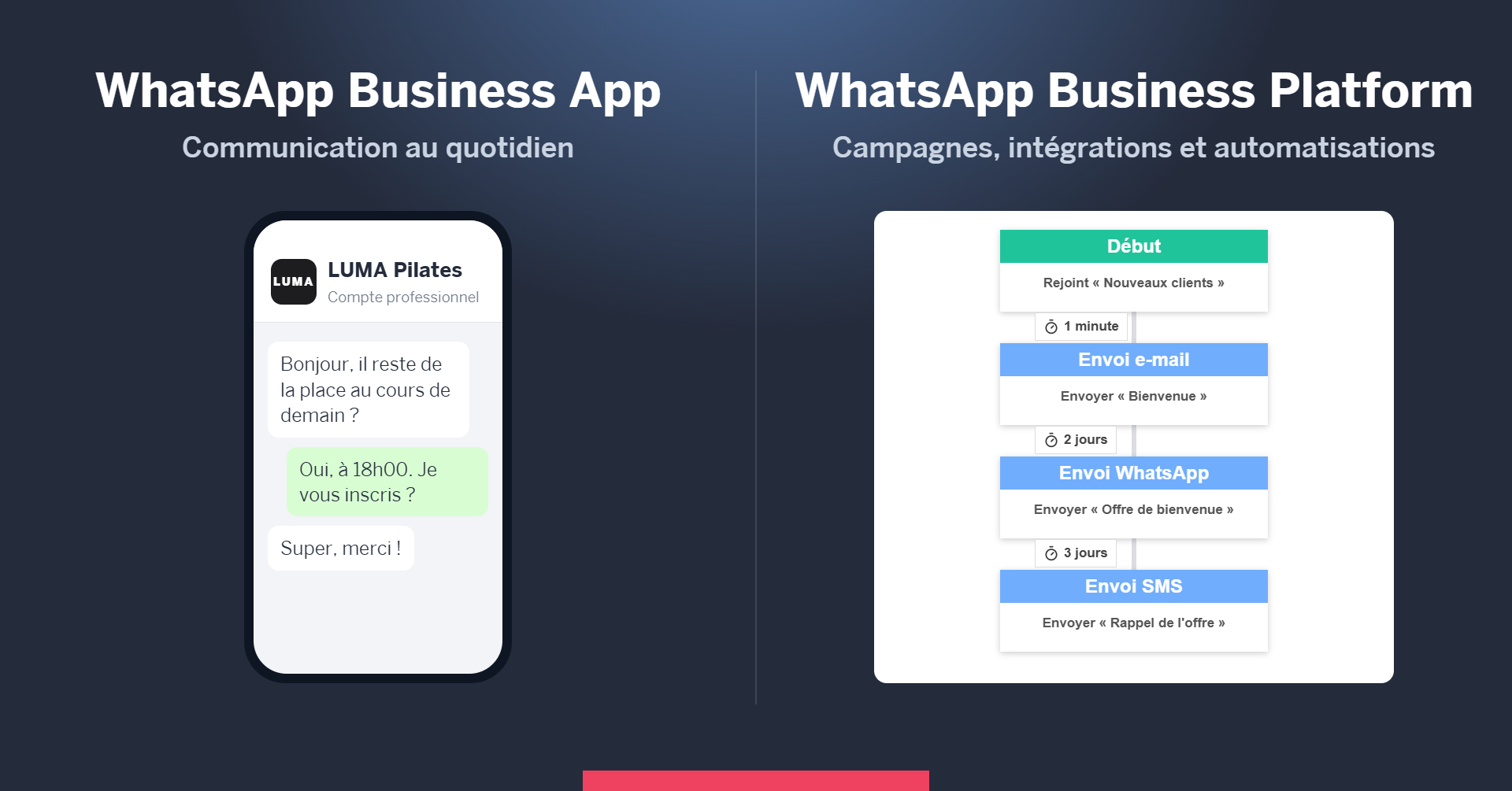 Comparaison entre l'application WhatsApp Business pour la communication au quotidien et WhatsApp Business Platform pour les campagnes, intégrations et automatisations