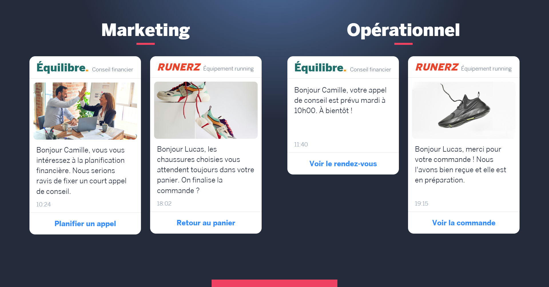 Exemples de messages WhatsApp marketing et opérationnels : appel conseil, retour au panier, rendez-vous et commande