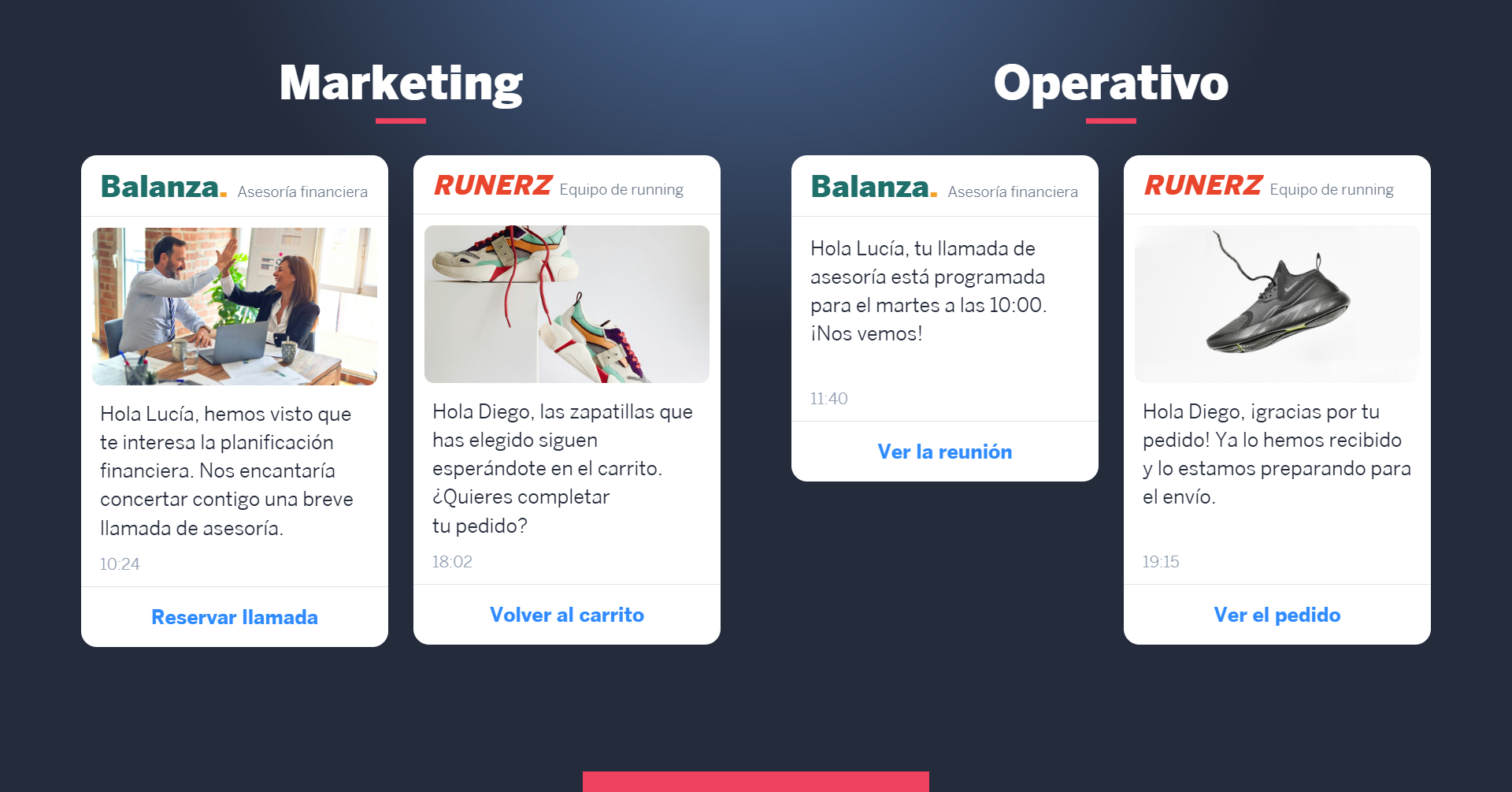Ejemplos de mensajes de WhatsApp de marketing y operativos: asesoría, volver al carrito, cita y pedido